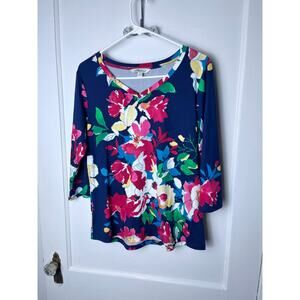 The Pioneer Woman Blue Pink Floral Knit V-neck 3/4 Sleeve Blouse Top Size Small